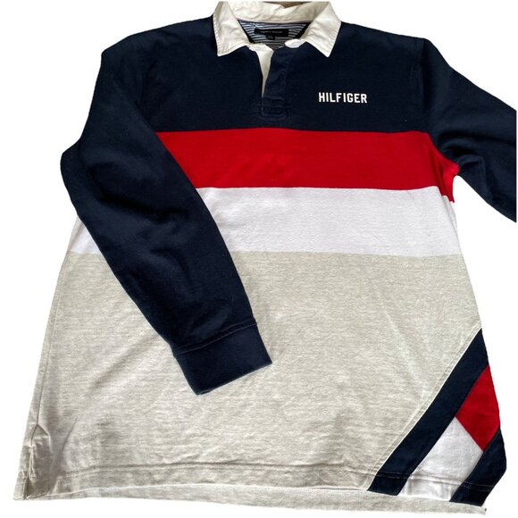 Tommy Hilfiger Rugby Shirt Men's Size XL Color Block Spellout Retro Y2K Vibes - Picture 1 of 10